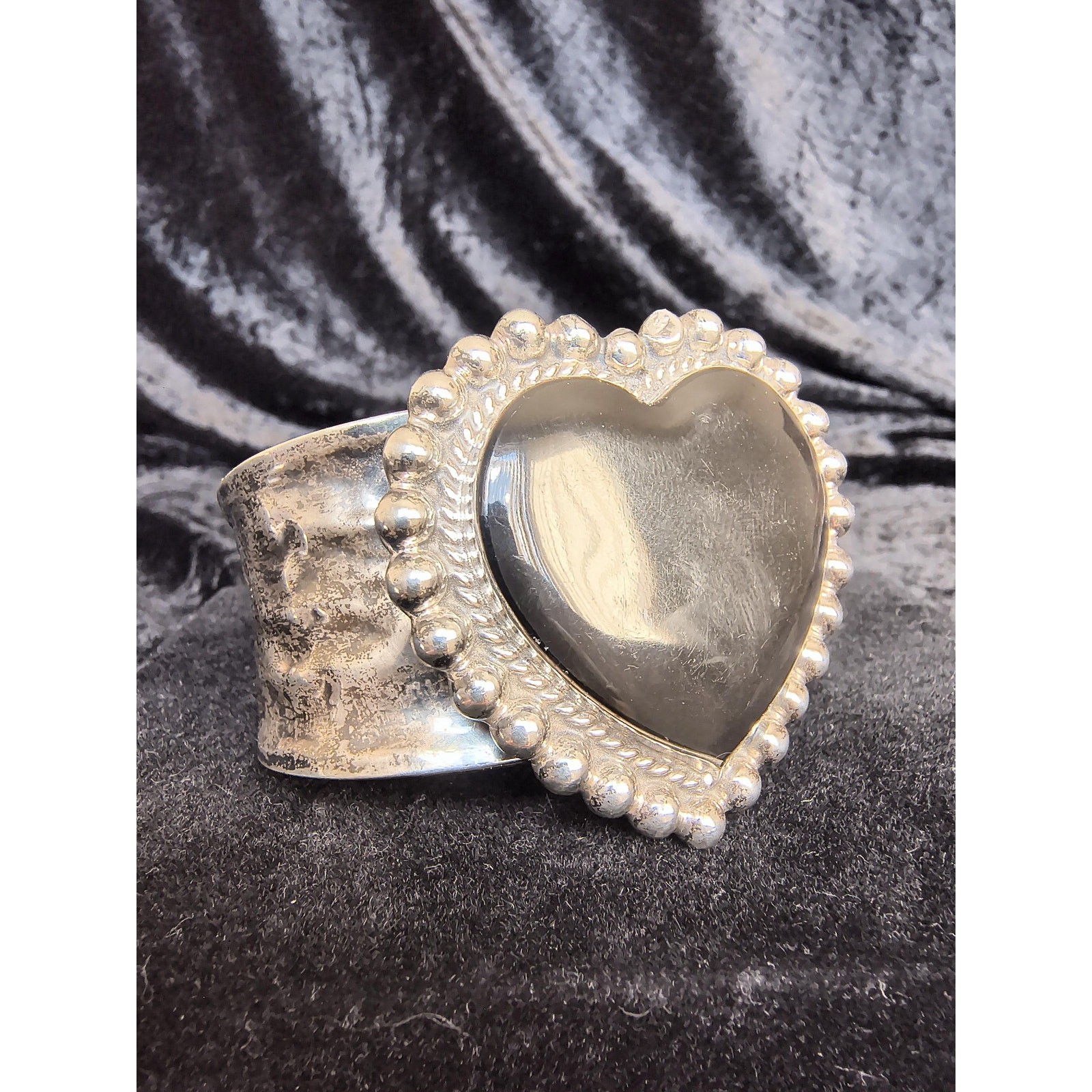 Vintage Sterling Silver Heart Stone Cuff Bracelet, Southwest Style Statement