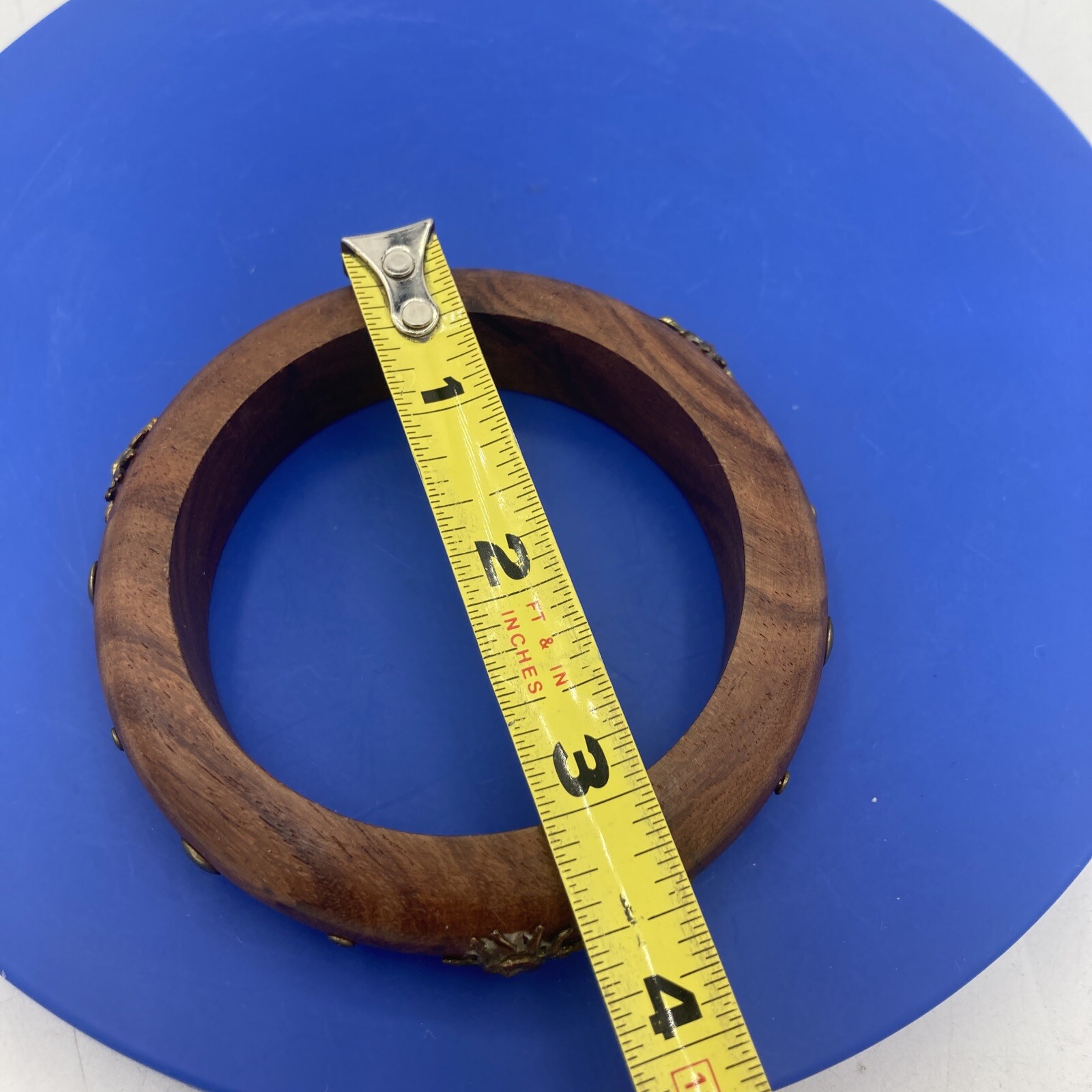 Vtg Wood Cuff Bangle Bracelet Brass Sun & Studs Celestial Boho Whimsigoth 5.5”