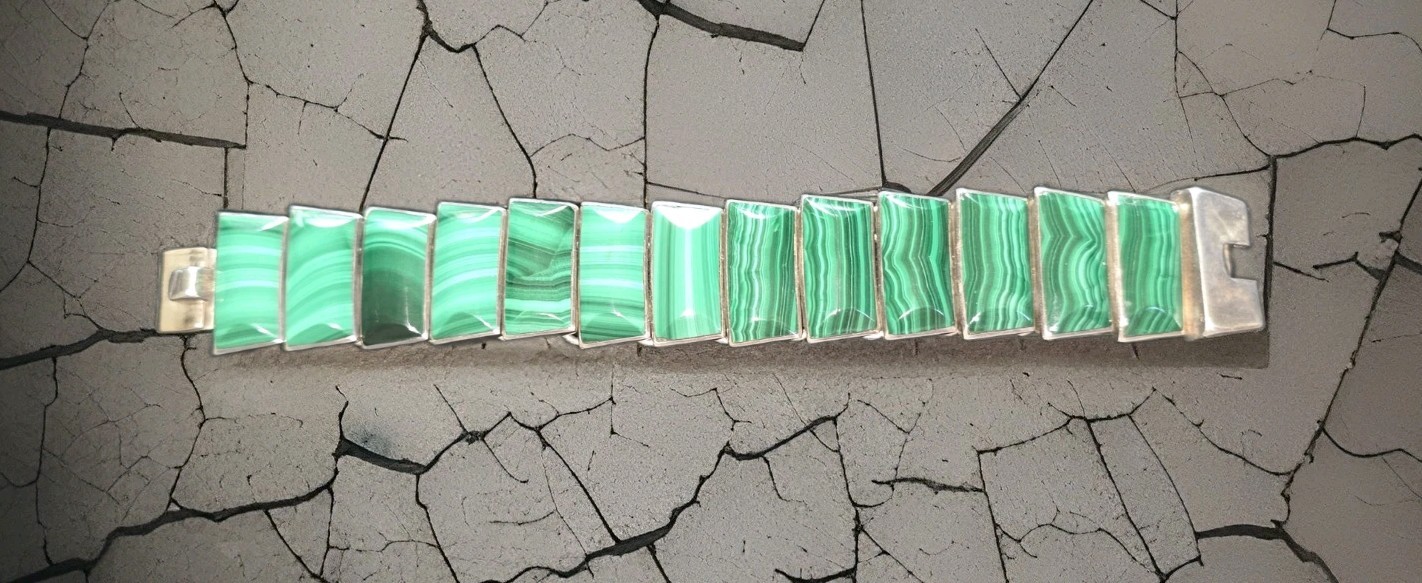 Vintage Mexico 950 Sterling Silver Malachite Inlay Link Panel Bracelet – 6.5”