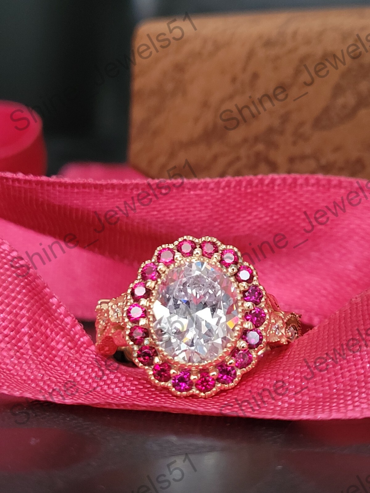 Art Deco Oval Cut Lab Created Diamond & Ruby Halo Wedding Bridal 925 Silver Ring