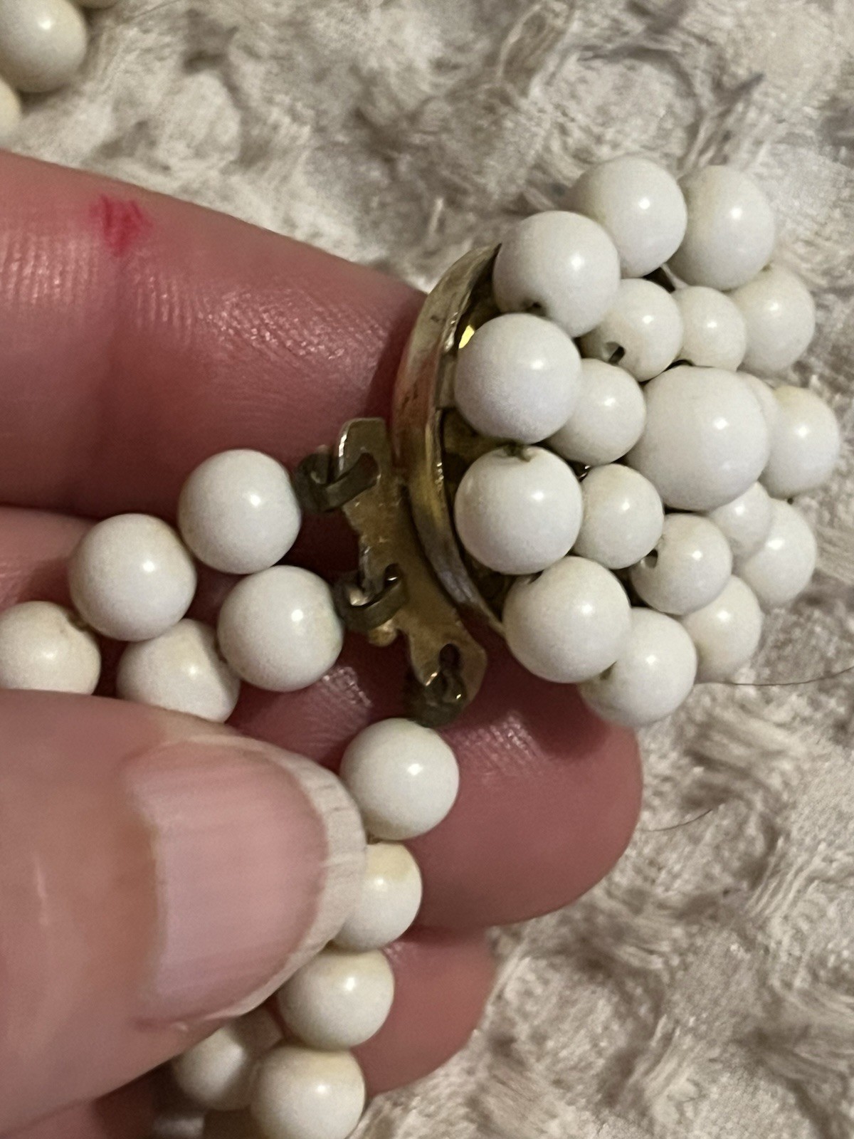 Vintage Costume Jewelry Set Bracelet Clip On Earrings White Beaded Japan Retro