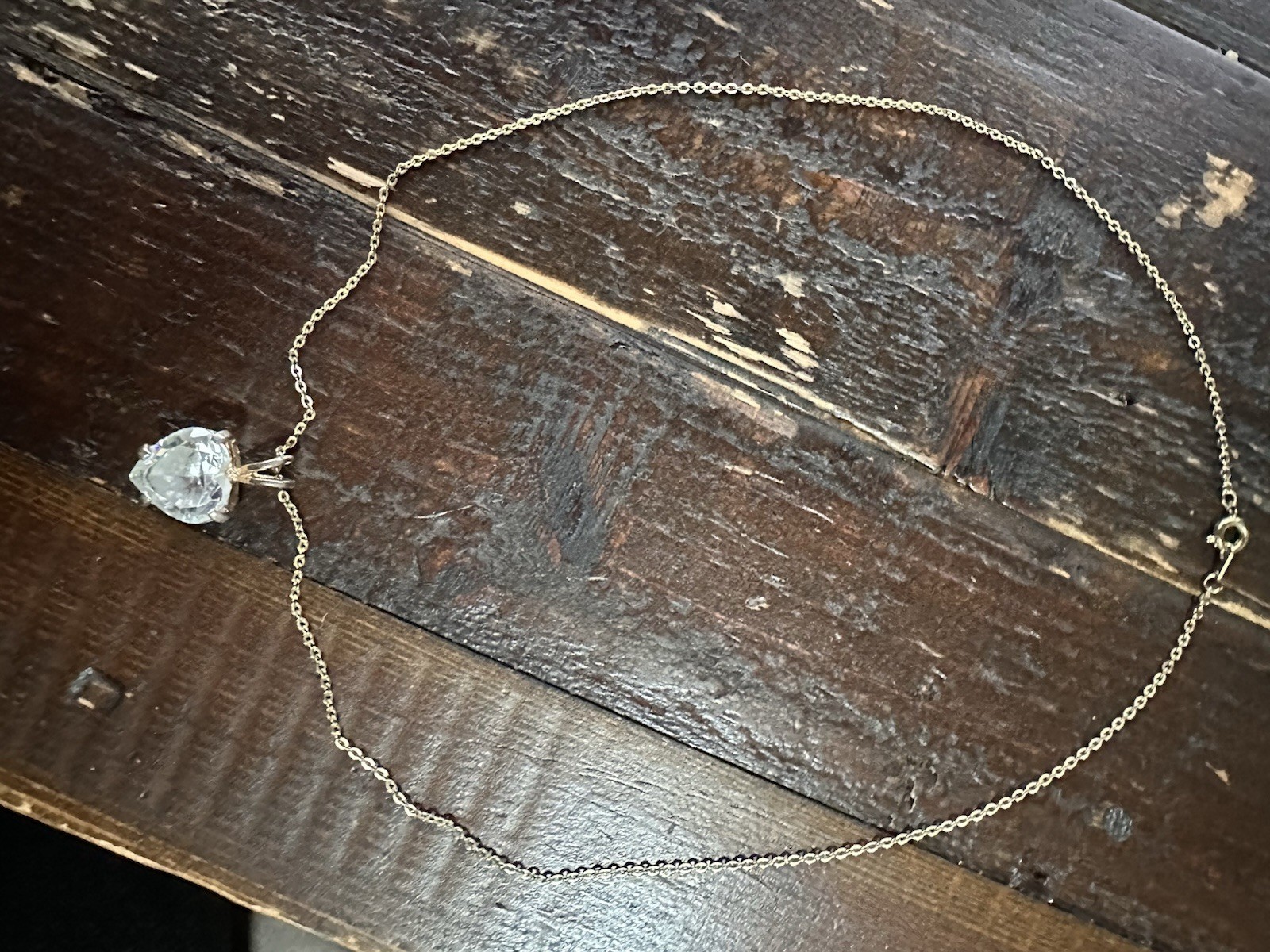 Large Heart Cut Clear Crystal Pendant w/ 17” Gold Tone Chain Vintage Style