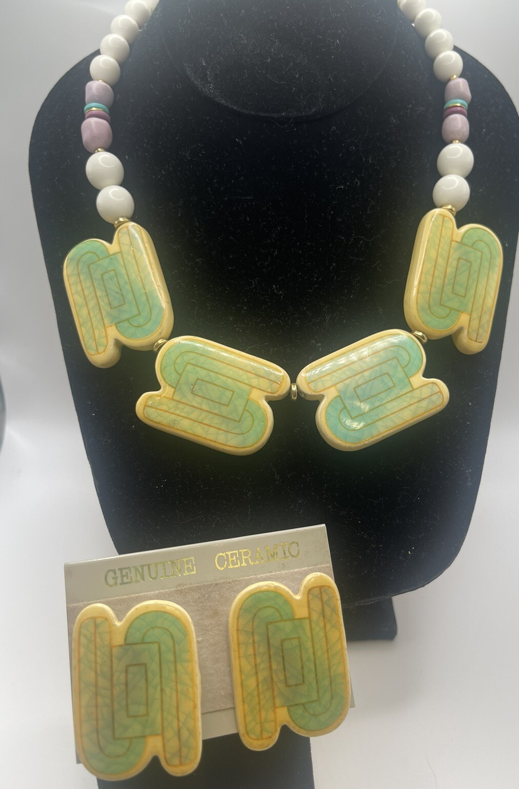Vintage Artisan Genuine Ceramic Set Deco Style Necklace & Matching Earrings
