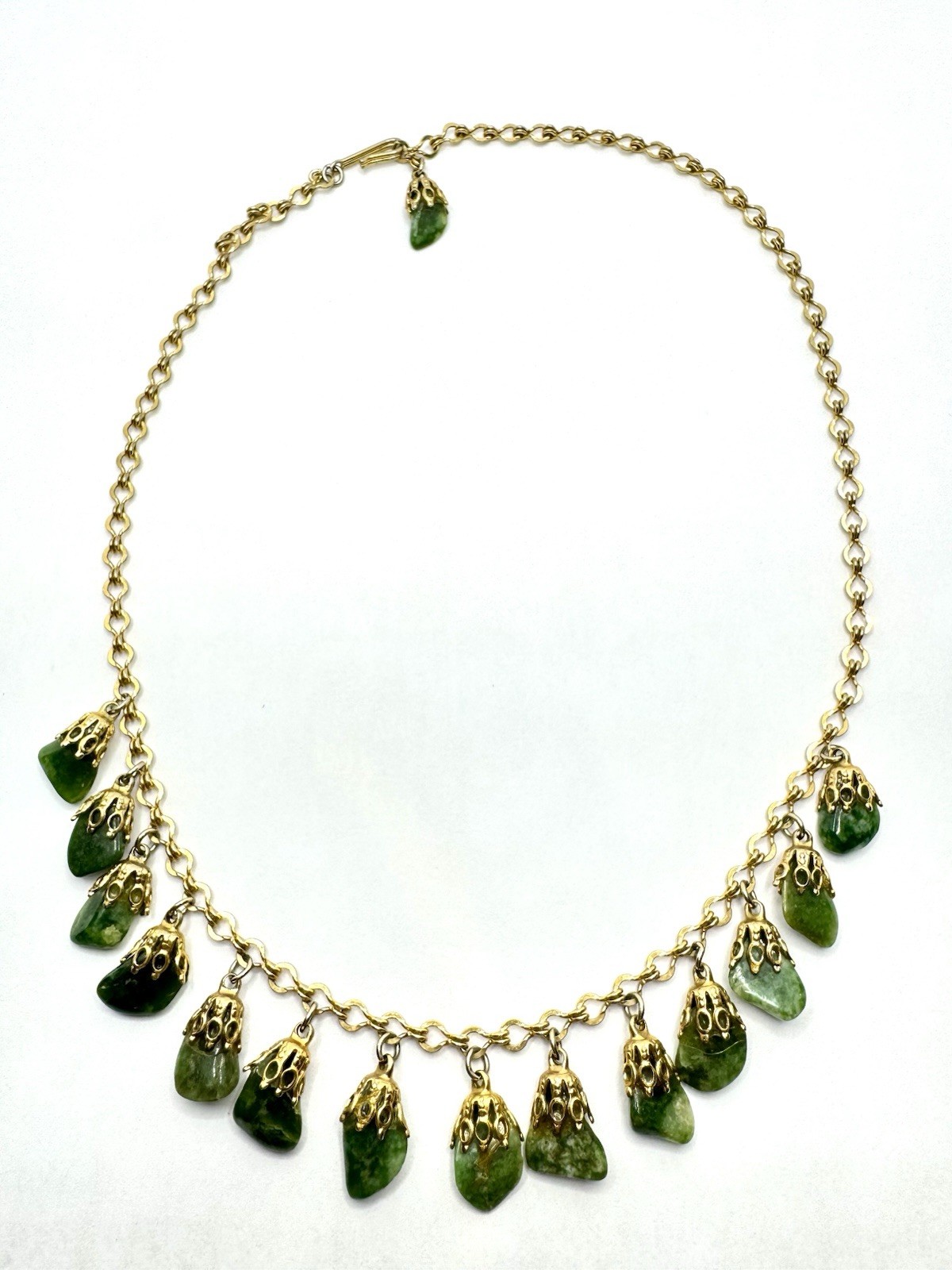 Vintage 60’s Gold Tone 15 JADE Green Cabochon Stone Dangle Adjustable Necklace