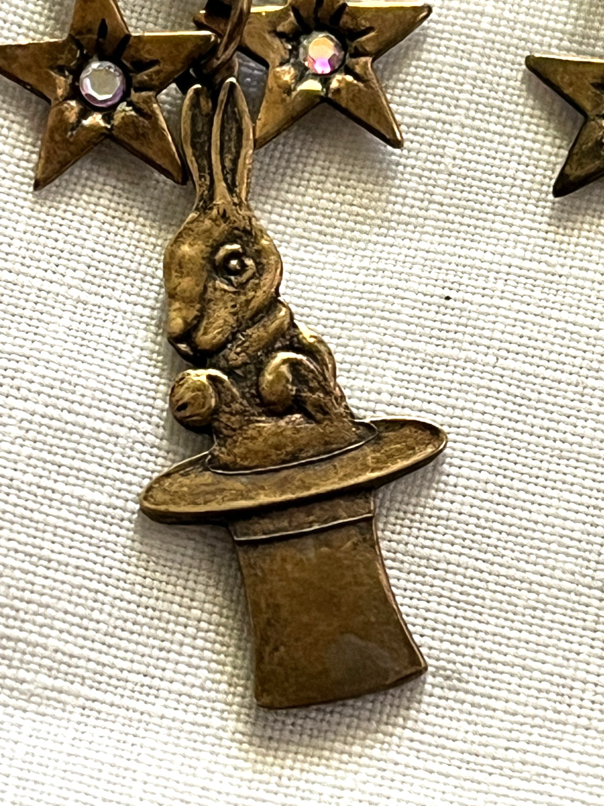 Bronze-Toned Antique-Style Chandelier Dangle Earrings, Stars, Rabbit in Hat 2.5″