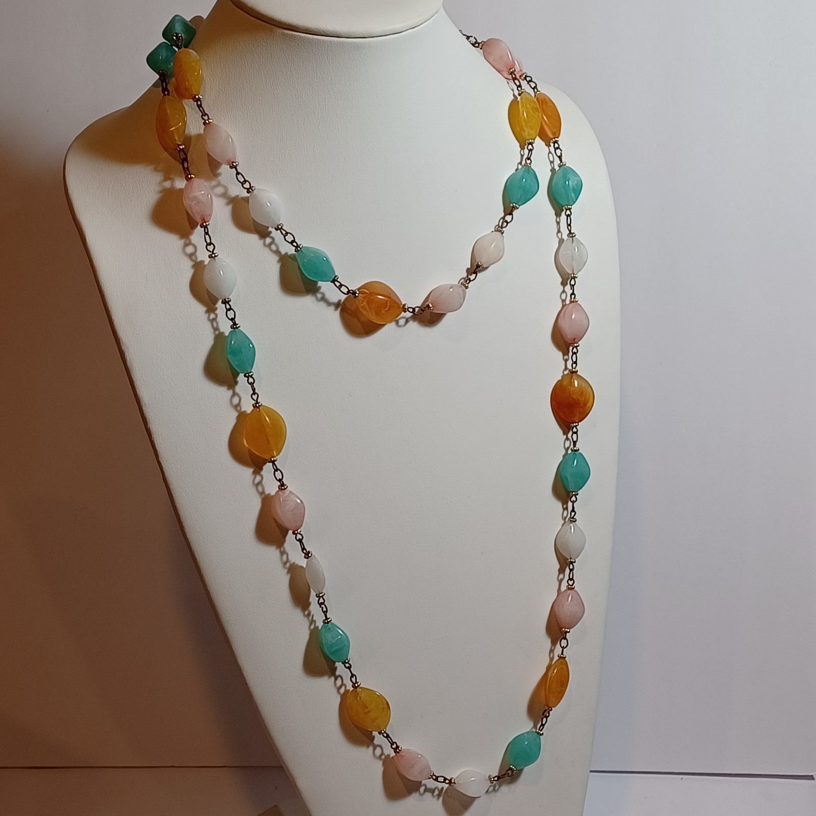 Pastel Marbled Plastic Resin Vtg Bead Chain Necklace 54in Pink, Mint, Amber, Wht