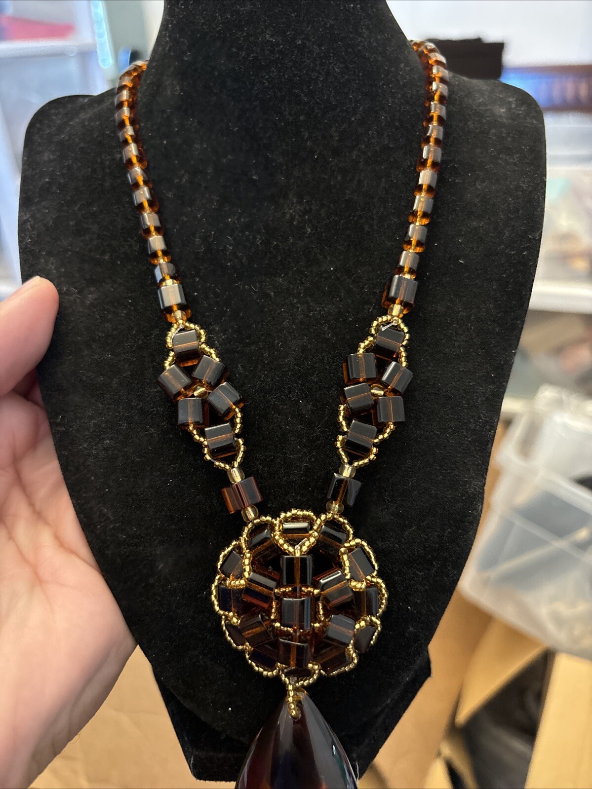 Vintage Brown Color Glass Dangle Necklace Teardrop