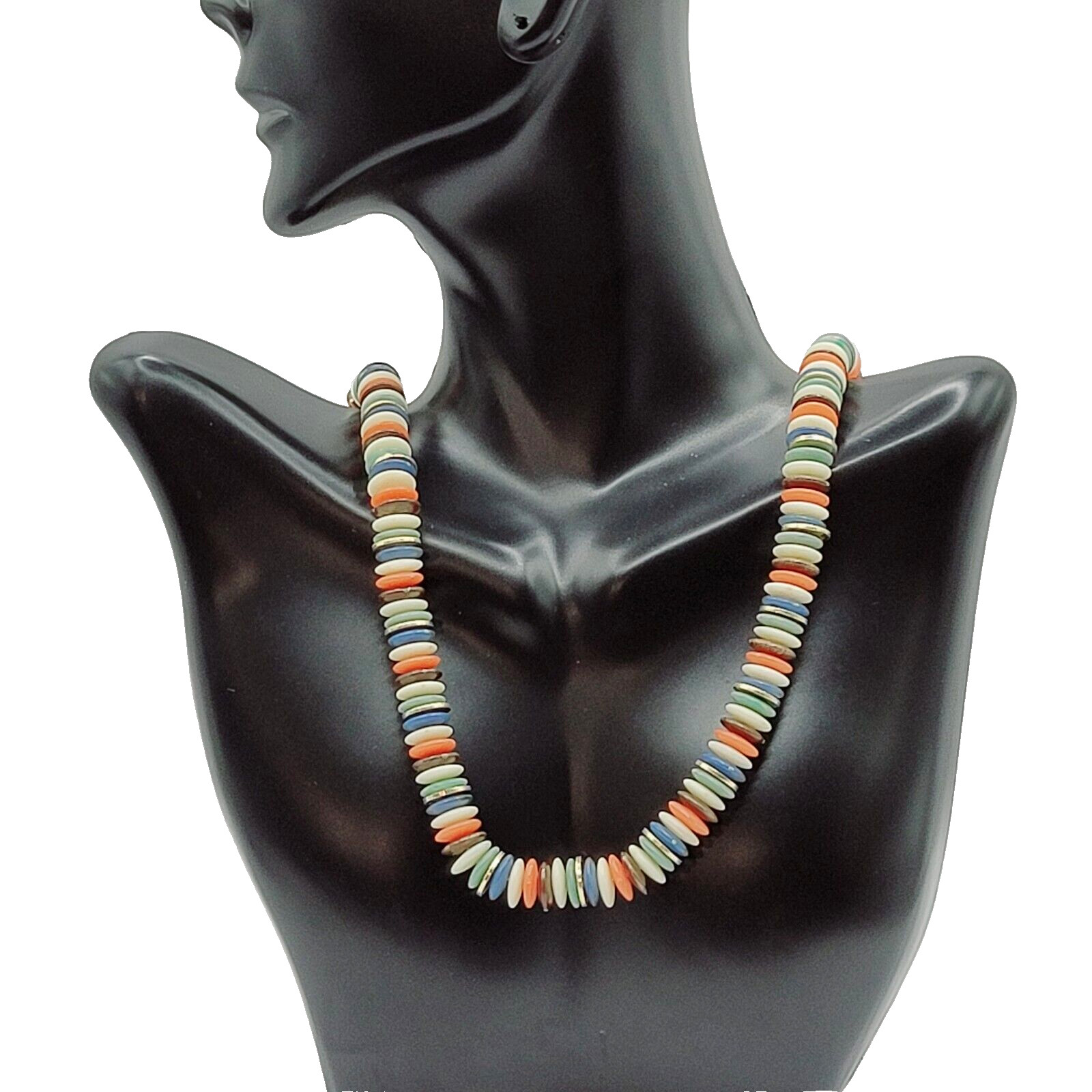 Button and Thread Like Bead Colorful Disc Heishi Style Vintage Necklace 25 In