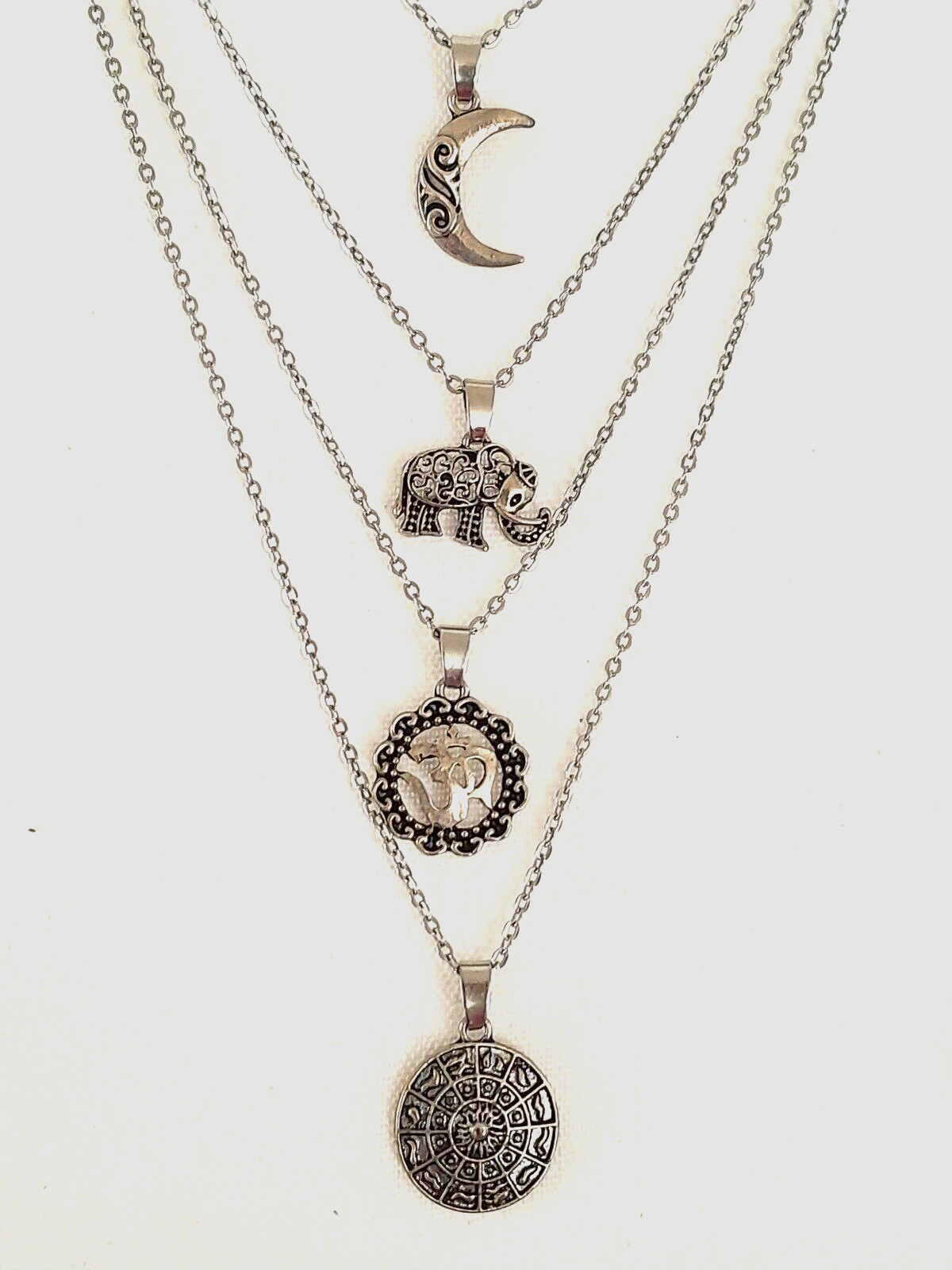 Chic Trendy Boho Multi-Strand Chains Silver Tone Moon Elephant 20-26″ Necklace