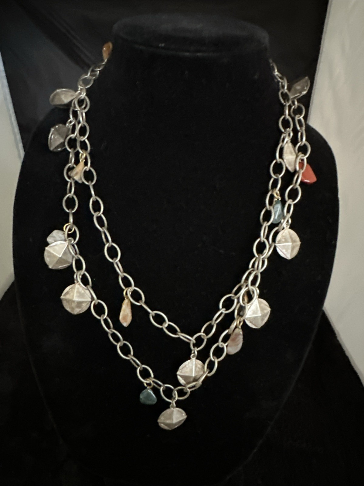 Vintage Silver Tone Chain Charm Necklace With Gemstones