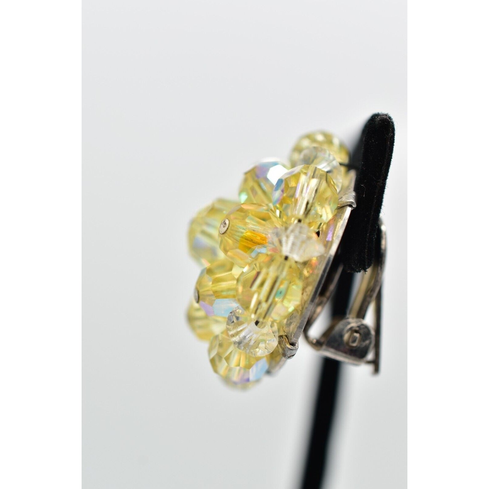 Laguna Vintage Clip On Crystal Earrings Yellow AB Cluster Signed Glam 1950s A24