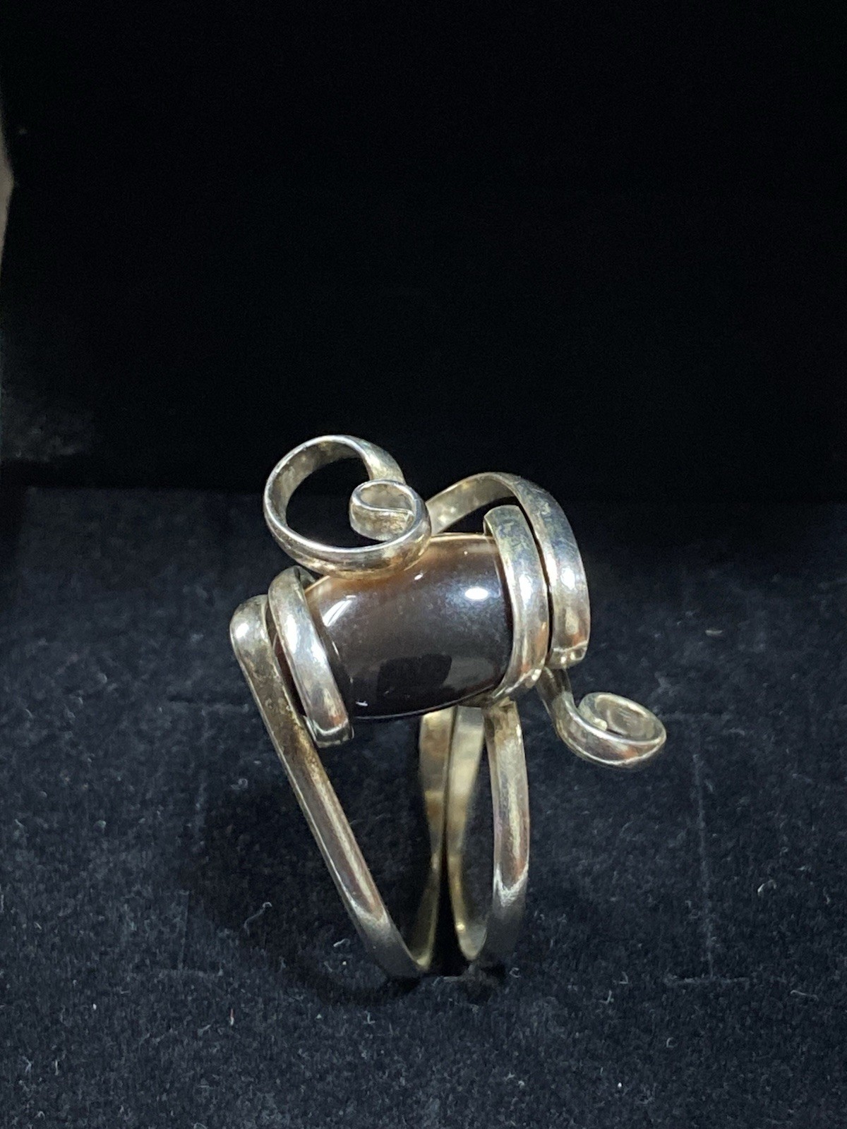 Vintage Abstract Artisan Silver Tone Ring Tiger Eye Stone Wrap Design Adjustable