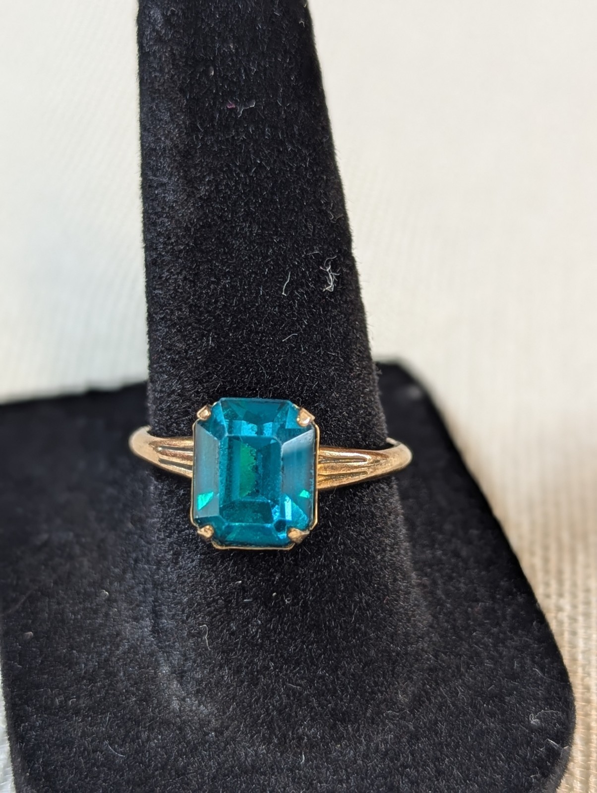 Vintage Teal Emerald Cut Statement Ring Sz 7.5 Art Deco Style Rolled Gold Plated