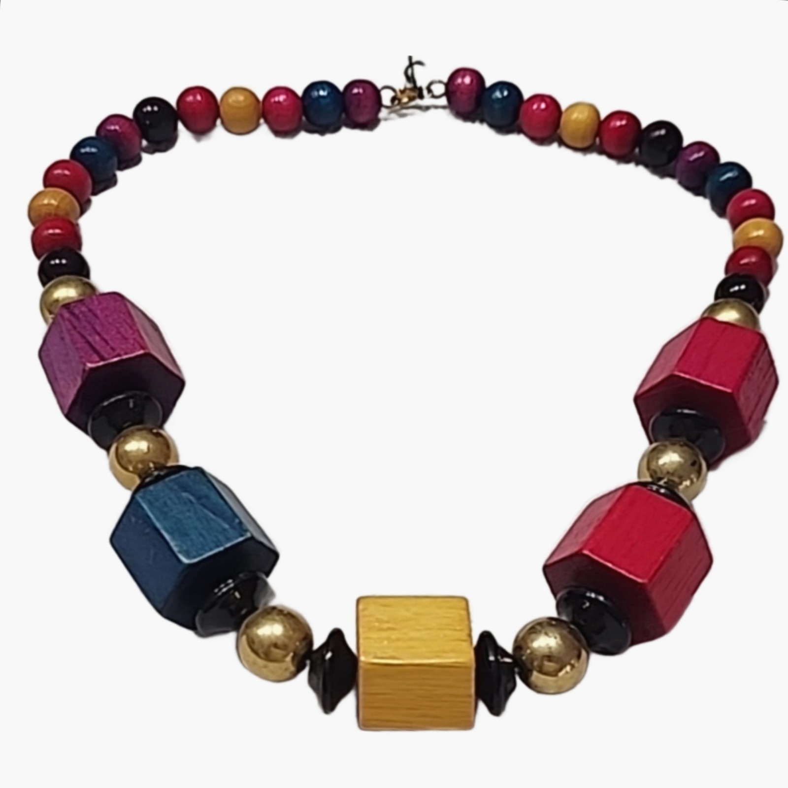 Vintage Natural Wood Bead Necklace Multicolor Chunky Statement Boho Artisan 14In