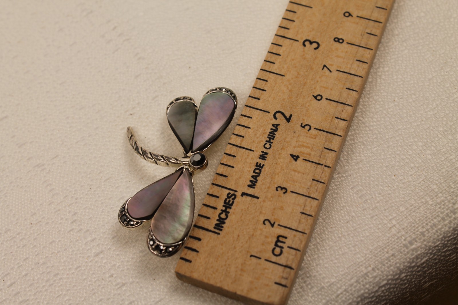 Vintage Black Mother of Pearl Dragonfly Pin Brooch Silver Tone Shell Marcasite