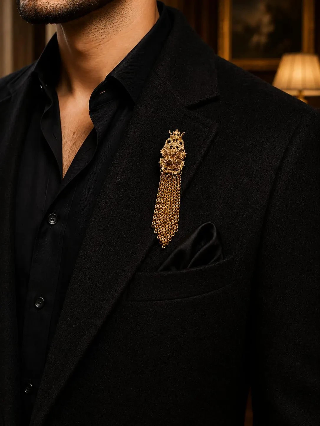 Gold Lion Head Tassel Brooch Pin | Royal Crown Lapel Pin for Men, Vintage Statem