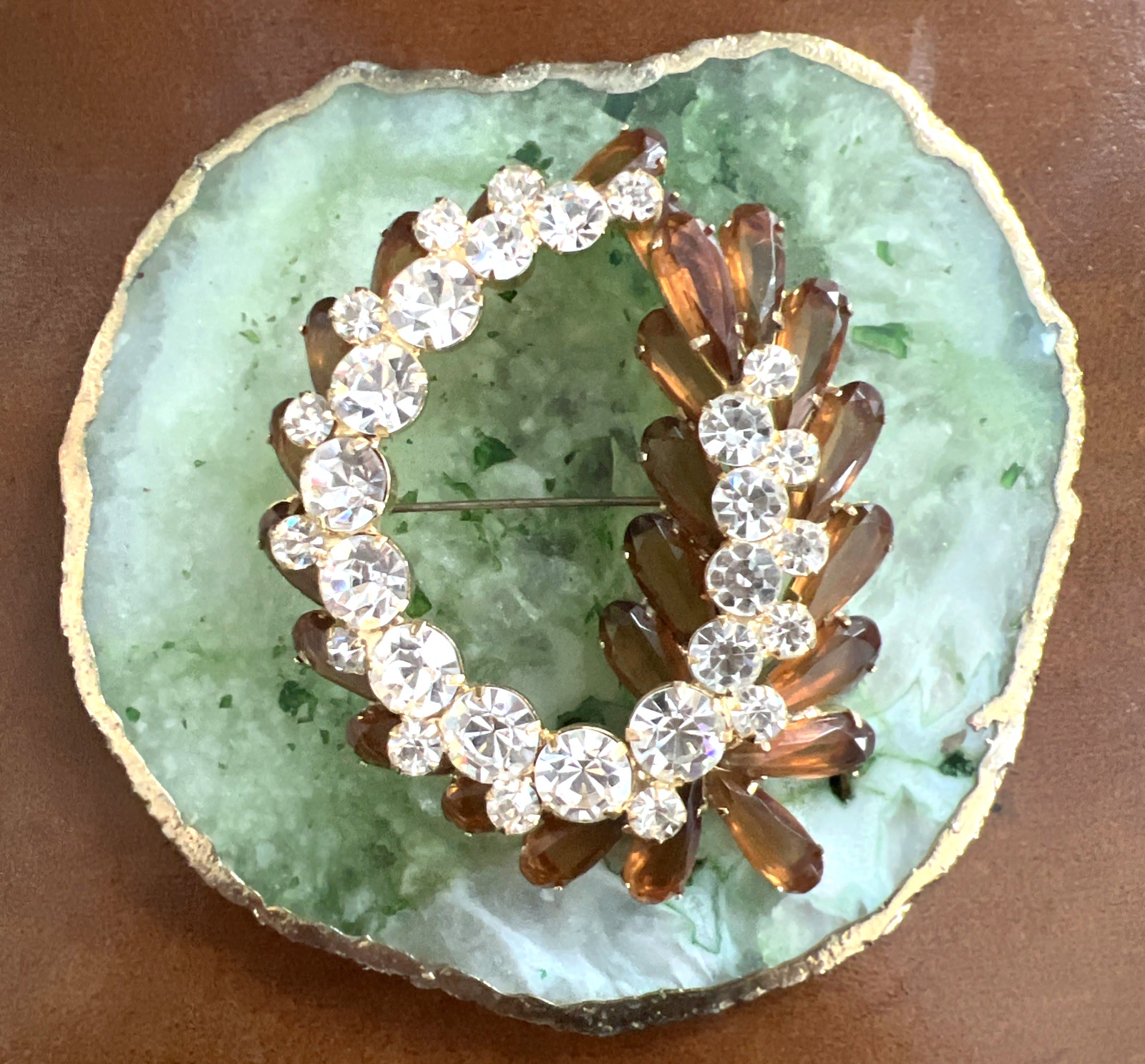 VTG. JULIANA DELIZZA & ELSTER AMBER & CLEAR RHINESTONE BROOCH LARGE 3″