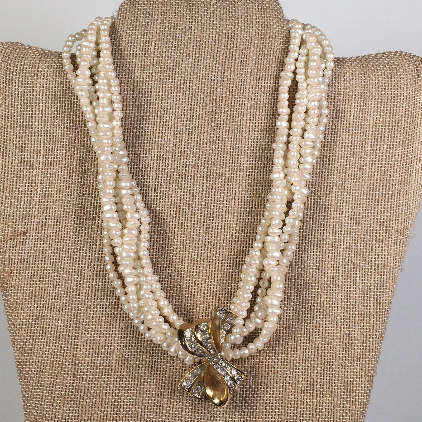 Vintage Richelieu Faux Freshwater Pearl Necklace 6 Strand Rhinestone Bow Slide