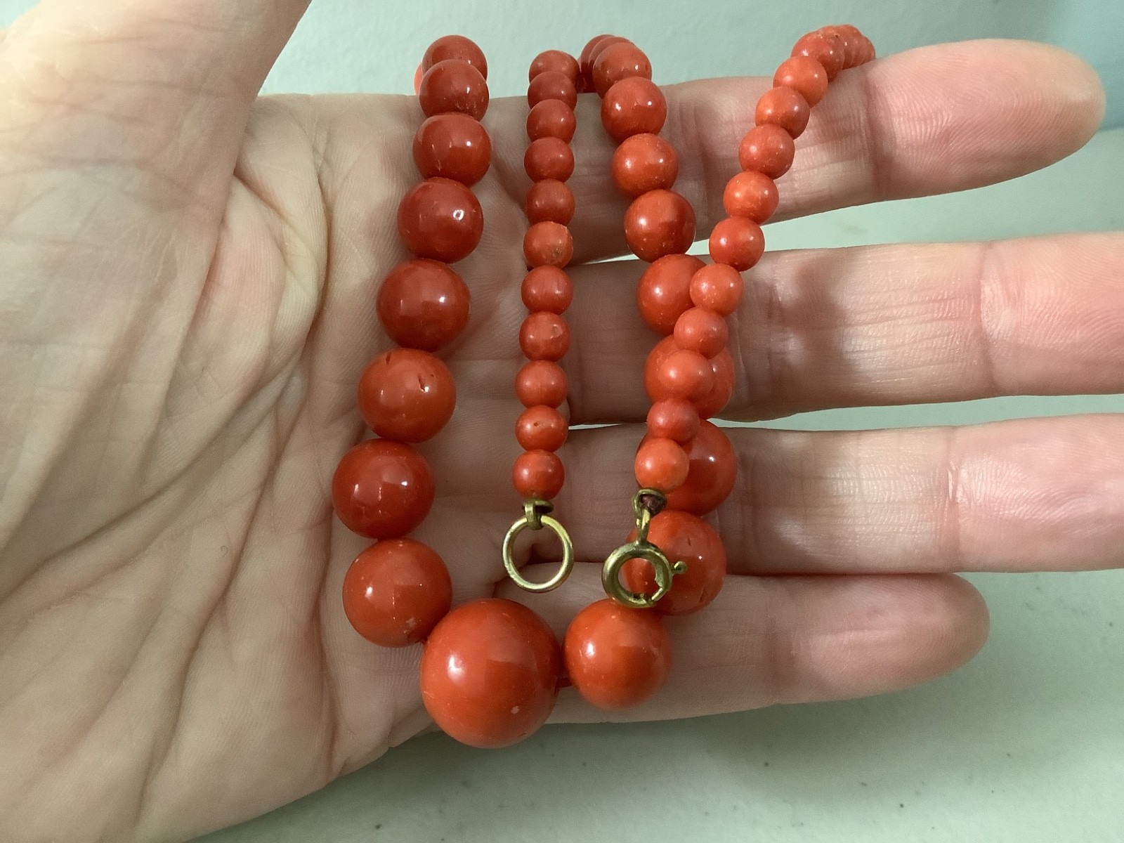 Antique genuine red coral graduated bead necklace 21 in 43.84g