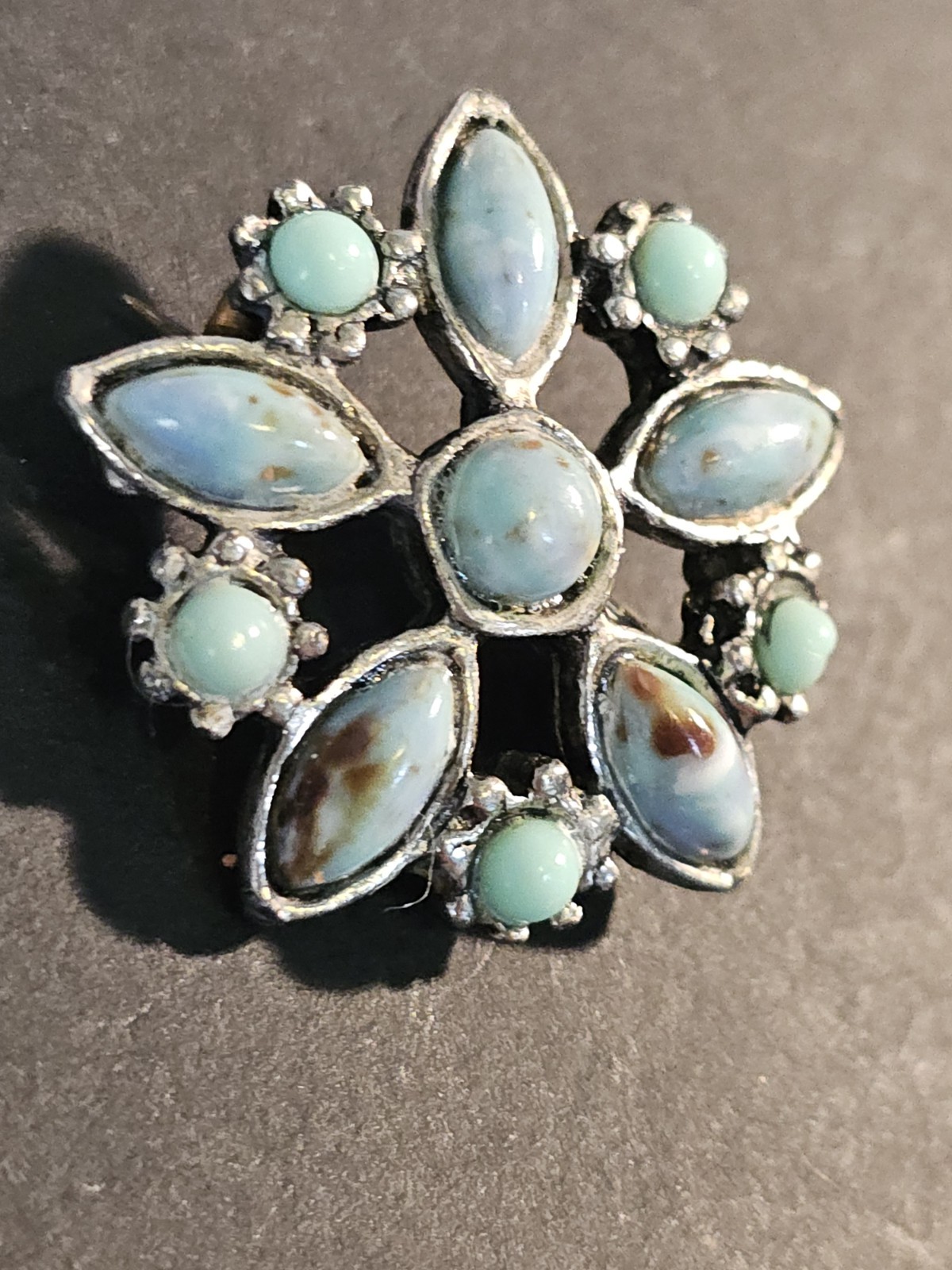 Vintage Star Flower Brooch Turquoise Look Silver Tone Pin Mexican Style Unsigned