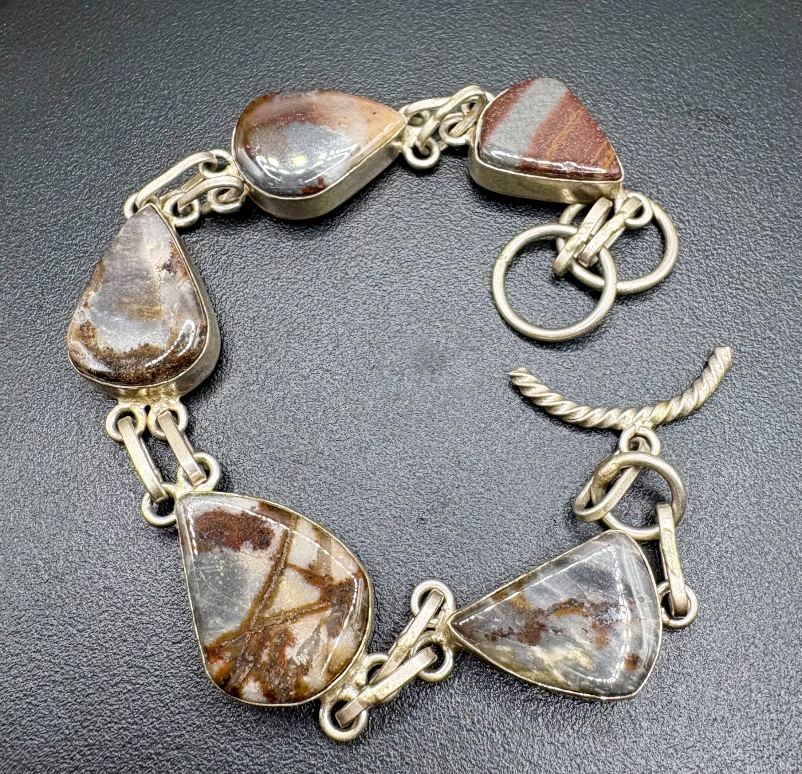 Vintage Sterling Silver Picture Jasper Link Bracelet 925 Artisan 8.5 Inch