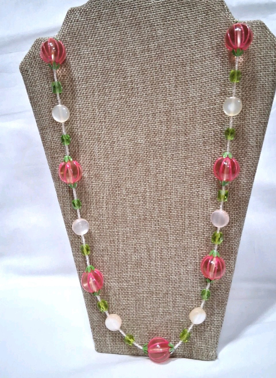 VTG Fruit Japan Necklace Pink Lucite/Acrylic beads And Green MELON BALLS