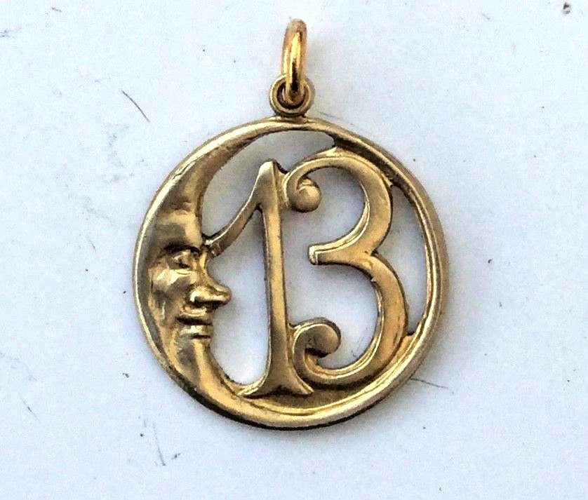 LUCKY 13 Crescent Moon Pendant Charm. Gold Tone. Retro Vintage style Good Luck.
