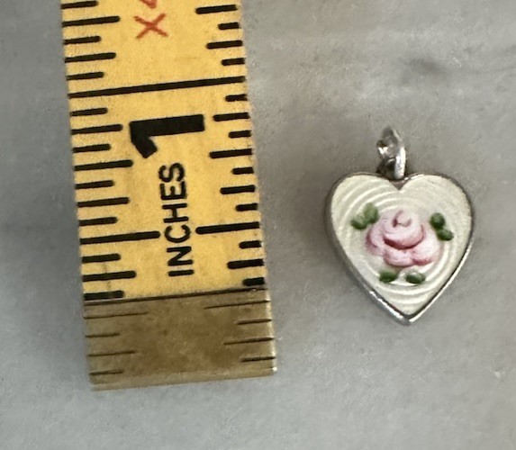 Victorian Era Sterling Silver & Guilloche Enamel Pink Rose Heart Charm