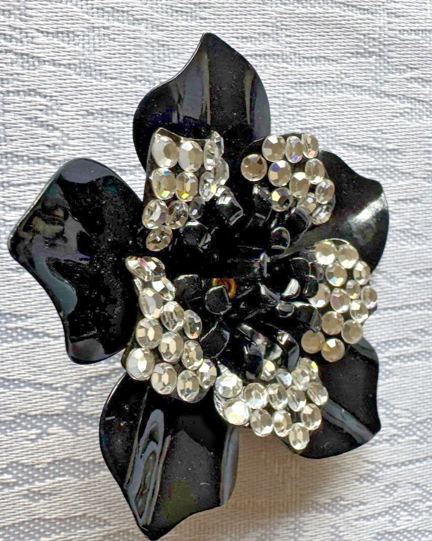 Vintage Black Enamel Flower Brooch Rhinestone Floral Statement Pin Costume Jewel
