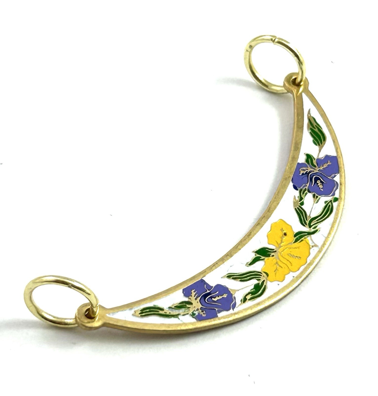 Vintage Pendant Enamel Flower Crescent Moon Jewelry Gold Plated Double Loop
