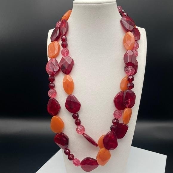 Vintage Chunky Statement Necklace Acrylic Resin Bib Beaded Y2K 90s Opera 48″