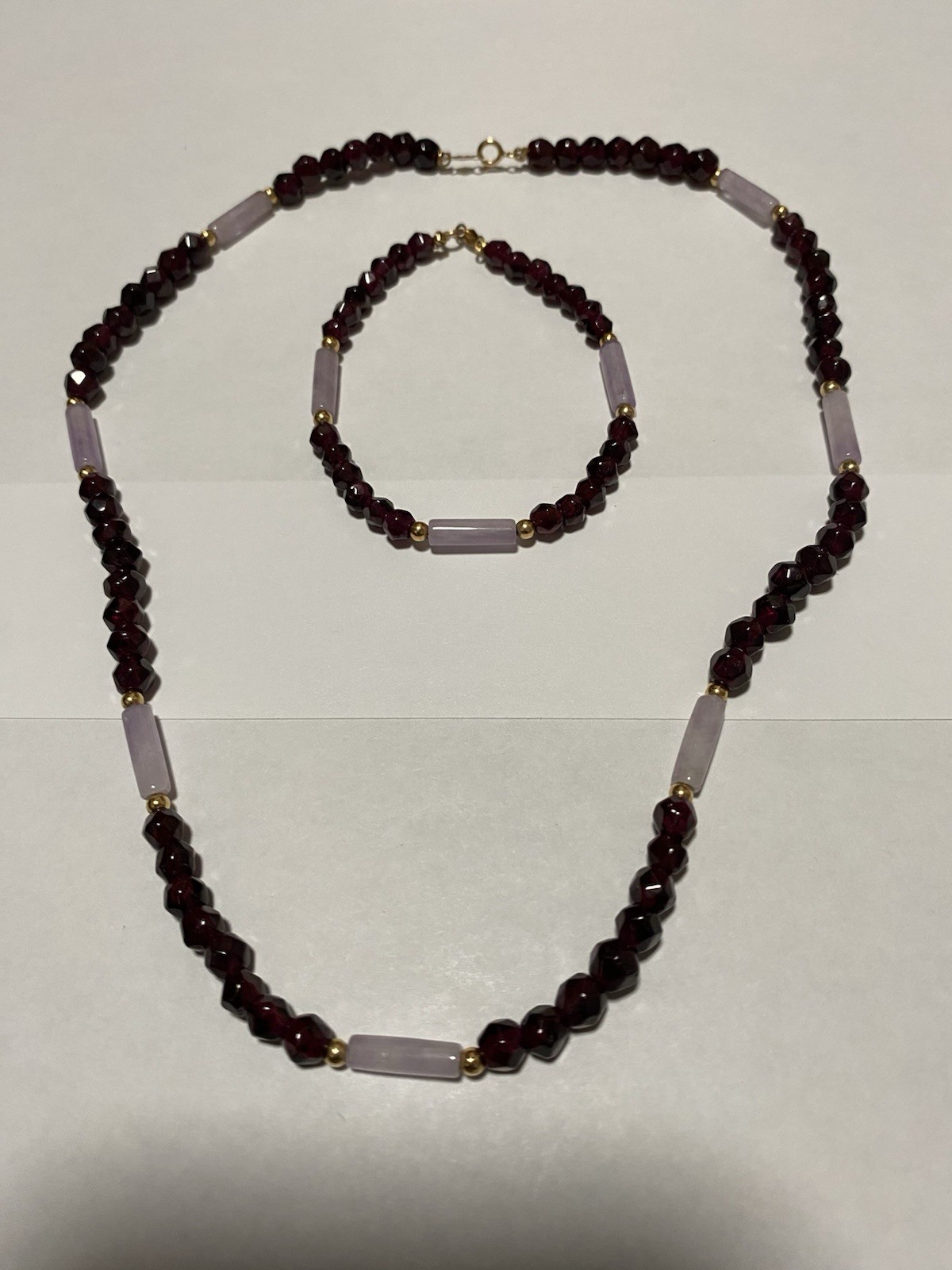 14kt Rose Quartz Garnet Necklace 16” Bracelet 6.5” Set