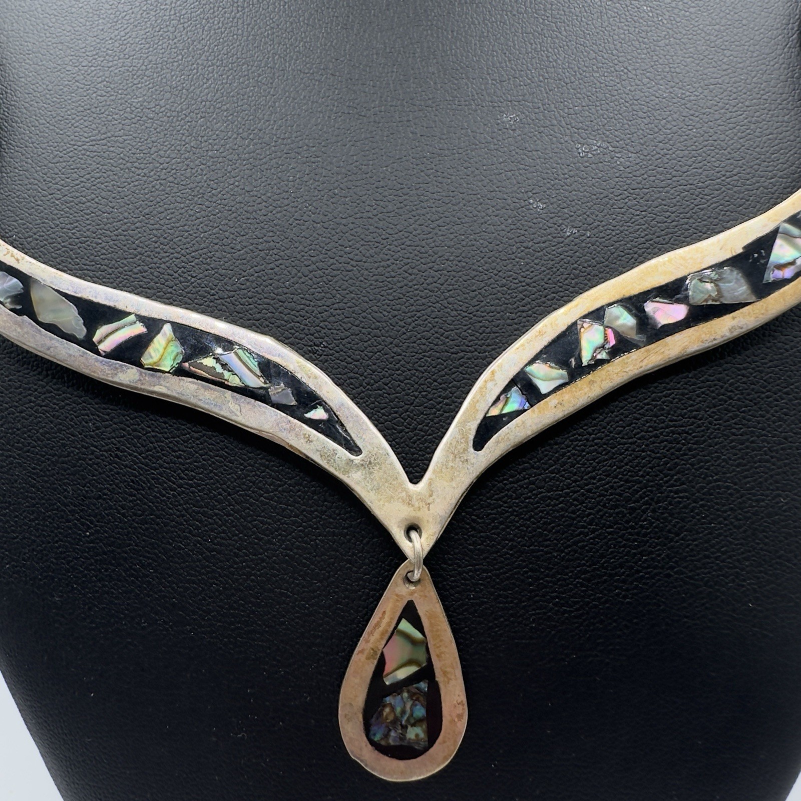 Vintage Mexican Alpaca Abalone Inlay Necklace 17″ Panel Link Drop Pendant