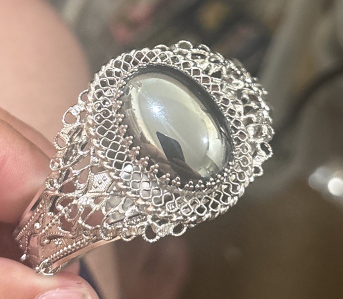 Vintage Whiting Davis Hematite Silver Tone Ornate Hinged Cuff Bracelet