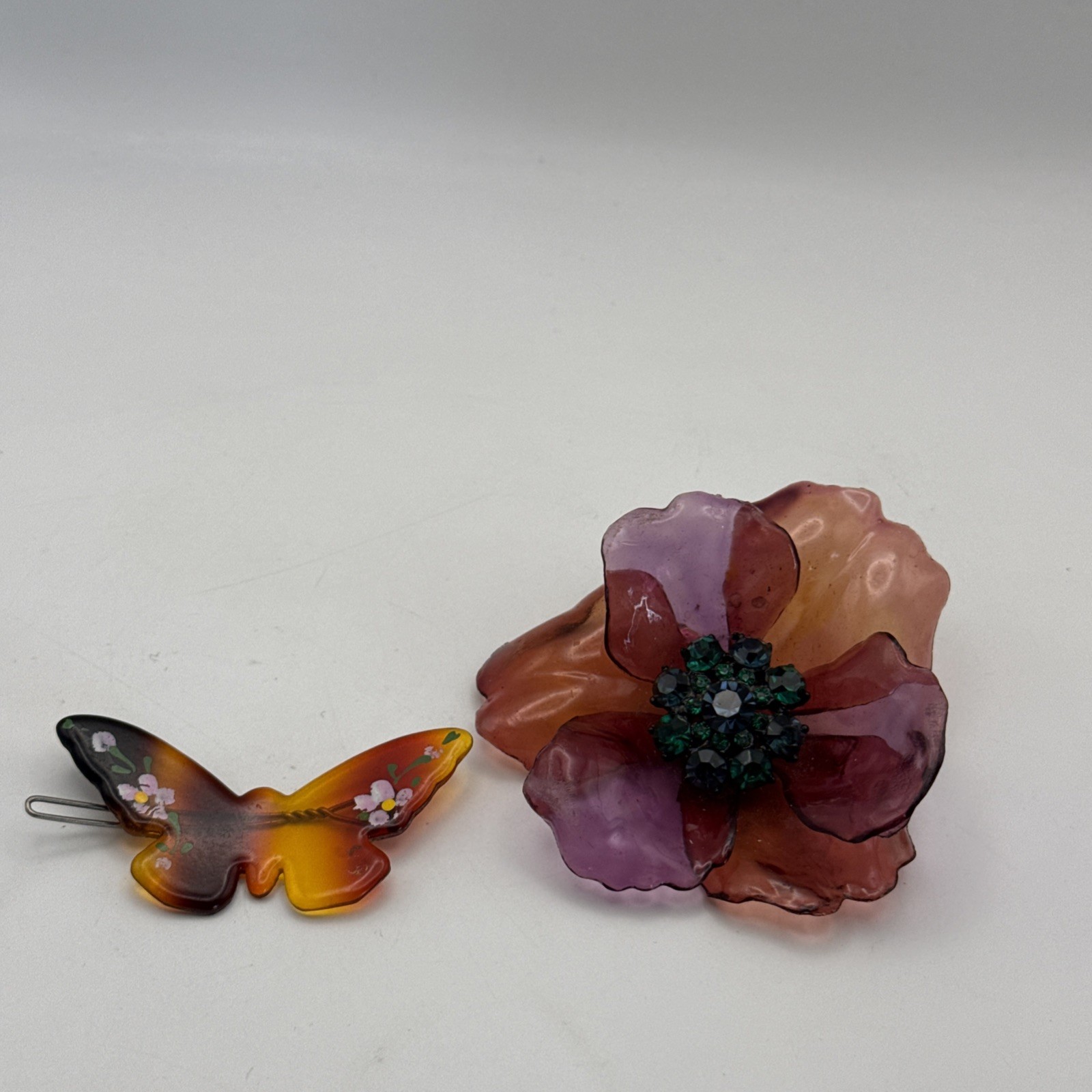 Vintage Rhinestone Celluloid Acetate 3-D Flower Pin And Butterfly Hair Clip