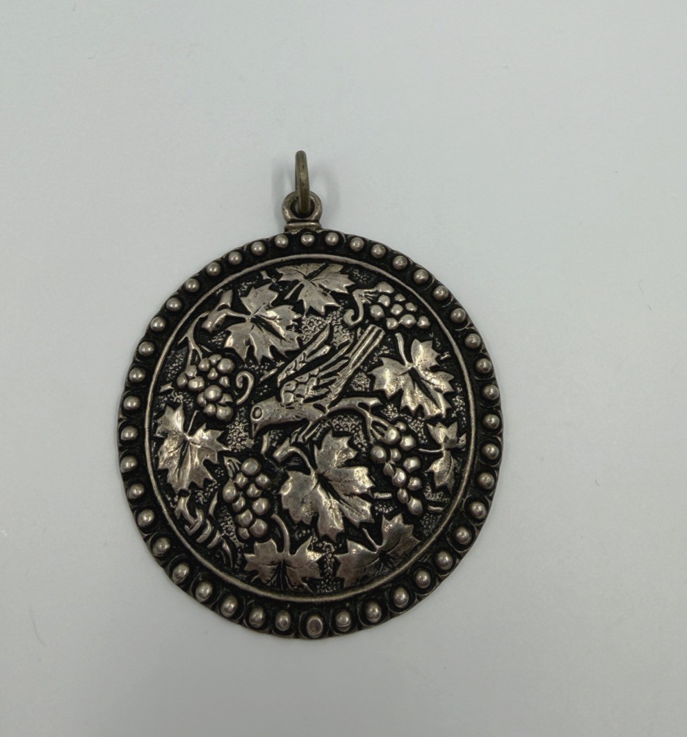 .800Silver Vtg Scandonavian Pendant Intricate Large Bird GrapeCluster Leaf Motif