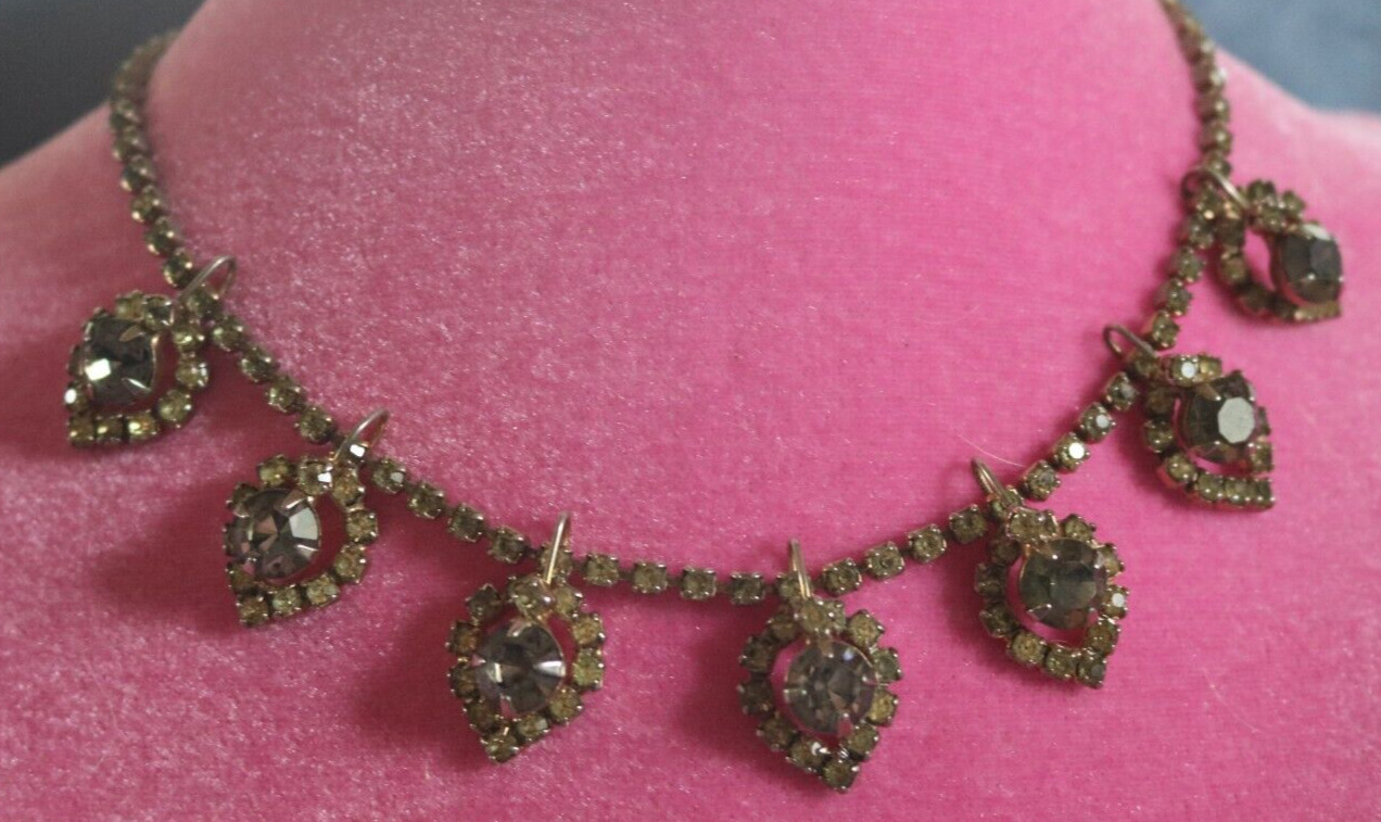 Vintage Rhinestone Necklace Light Citrine Smoky Gray 3-D Effect Prong Set Choker