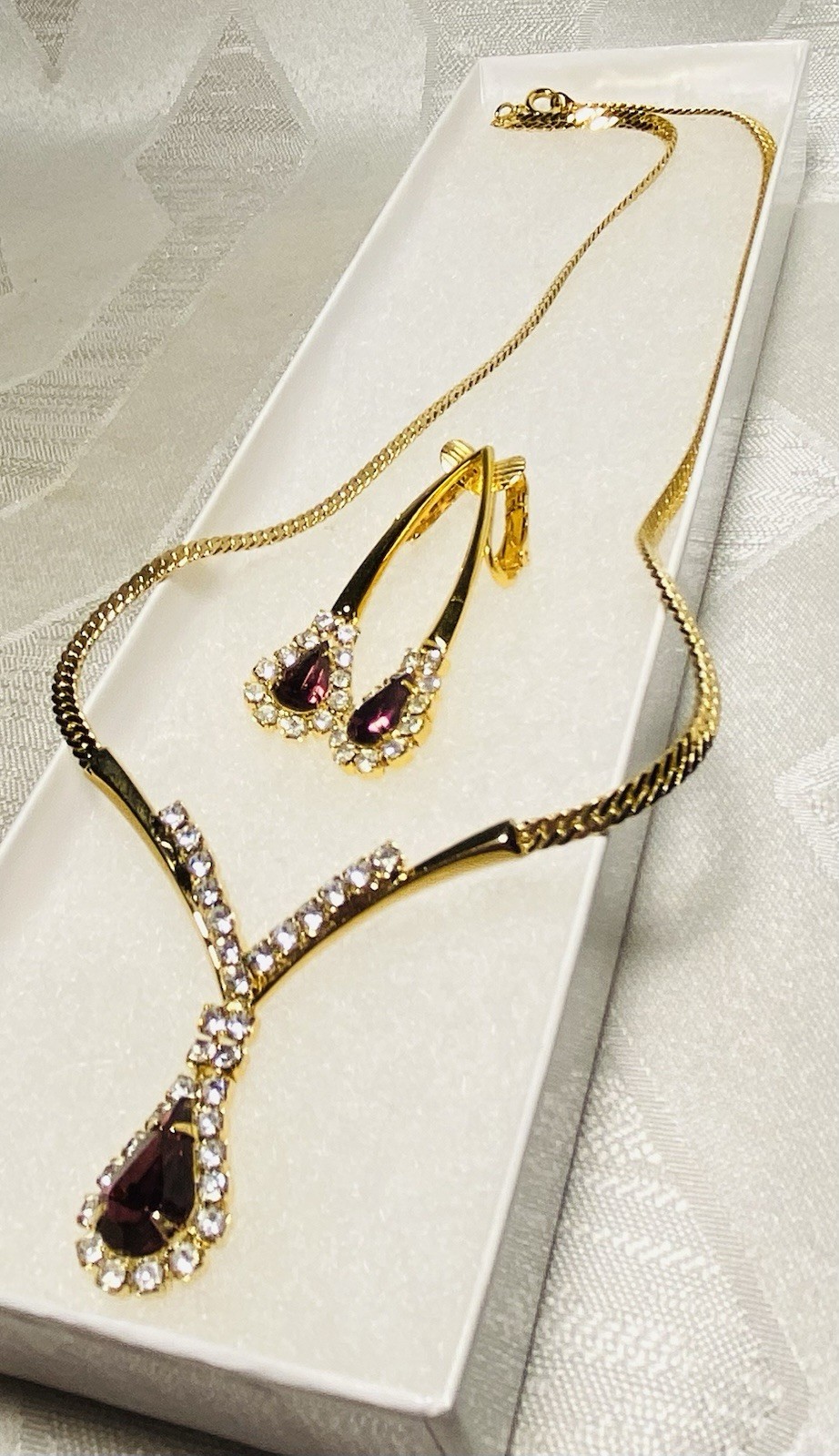 Vintage Rhinestone Purple Teardrop Necklace & Earring Set Statement Jewelry 3pc