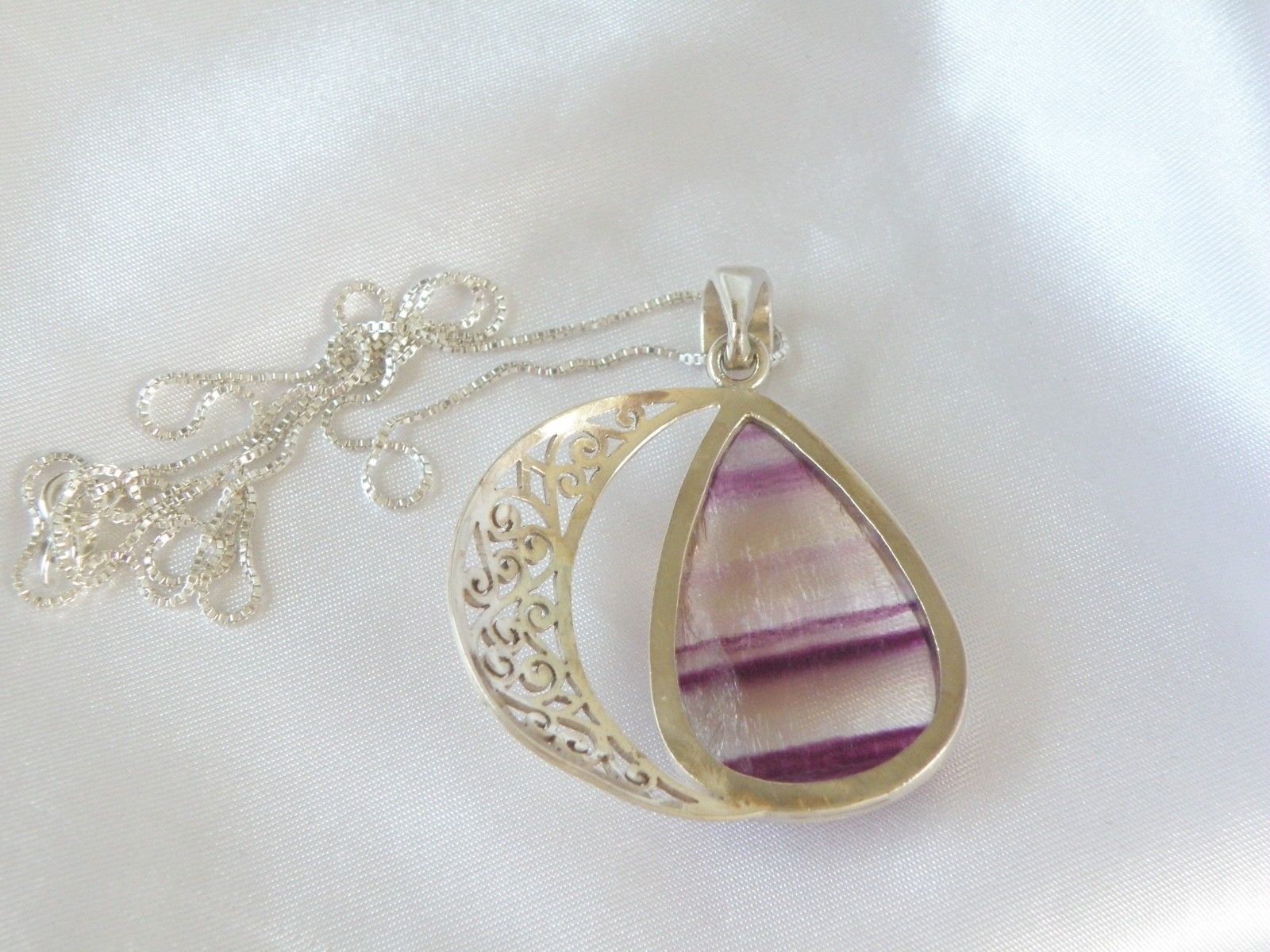 Large Sterling Silver 925 Fluorite Crescent Moon Pendant Necklace
