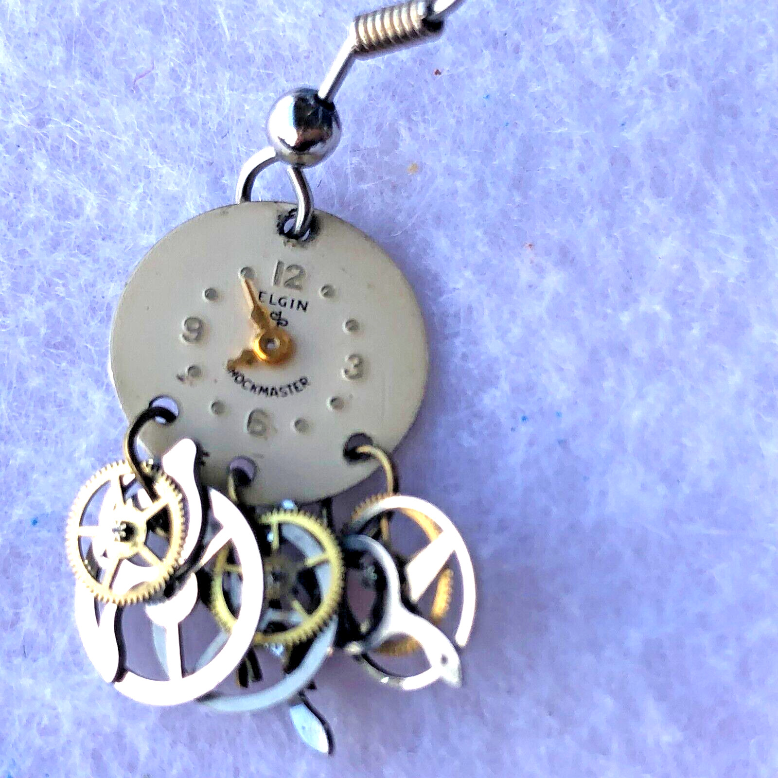 Vtg ELGIN Thin Shockmaster White Dial Dangle Earrings Watch Clock Unique Handmad