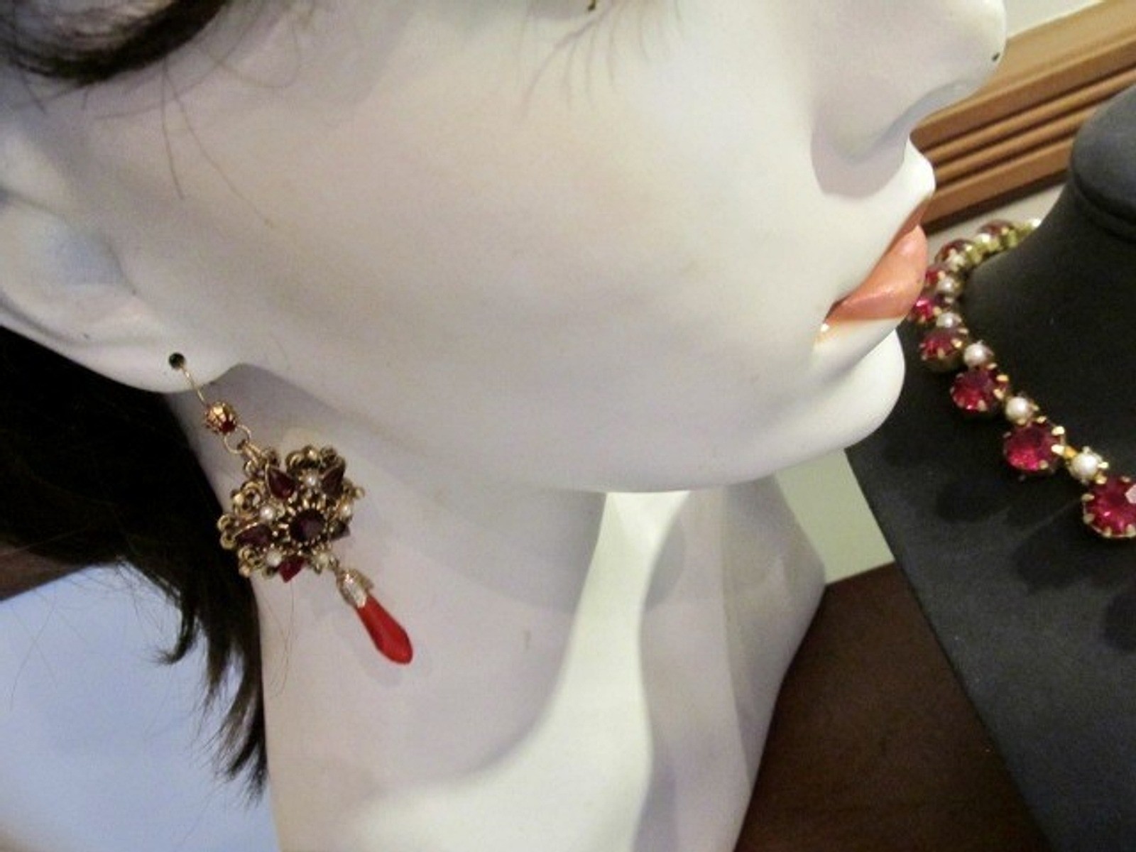 VtG FLORENZA Faux Garnets & Pearl Necklace Pin/Pendant and Bracelet SET Restored