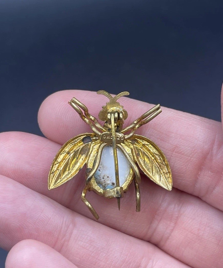VTG Czech Insect Bee Fly Brooch Brass W Glass Belly. Signed Czecho. As Is.