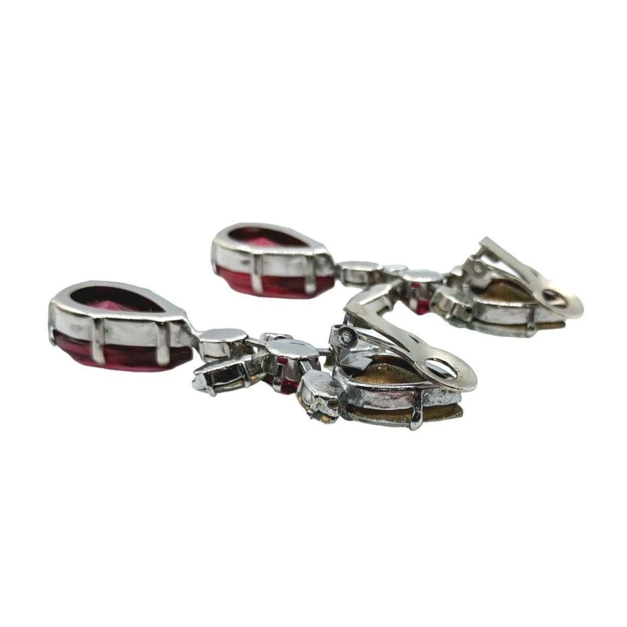 Schreiner Vintage Rhinestone Clip On Dangle Earrings Women Red Silver Tone