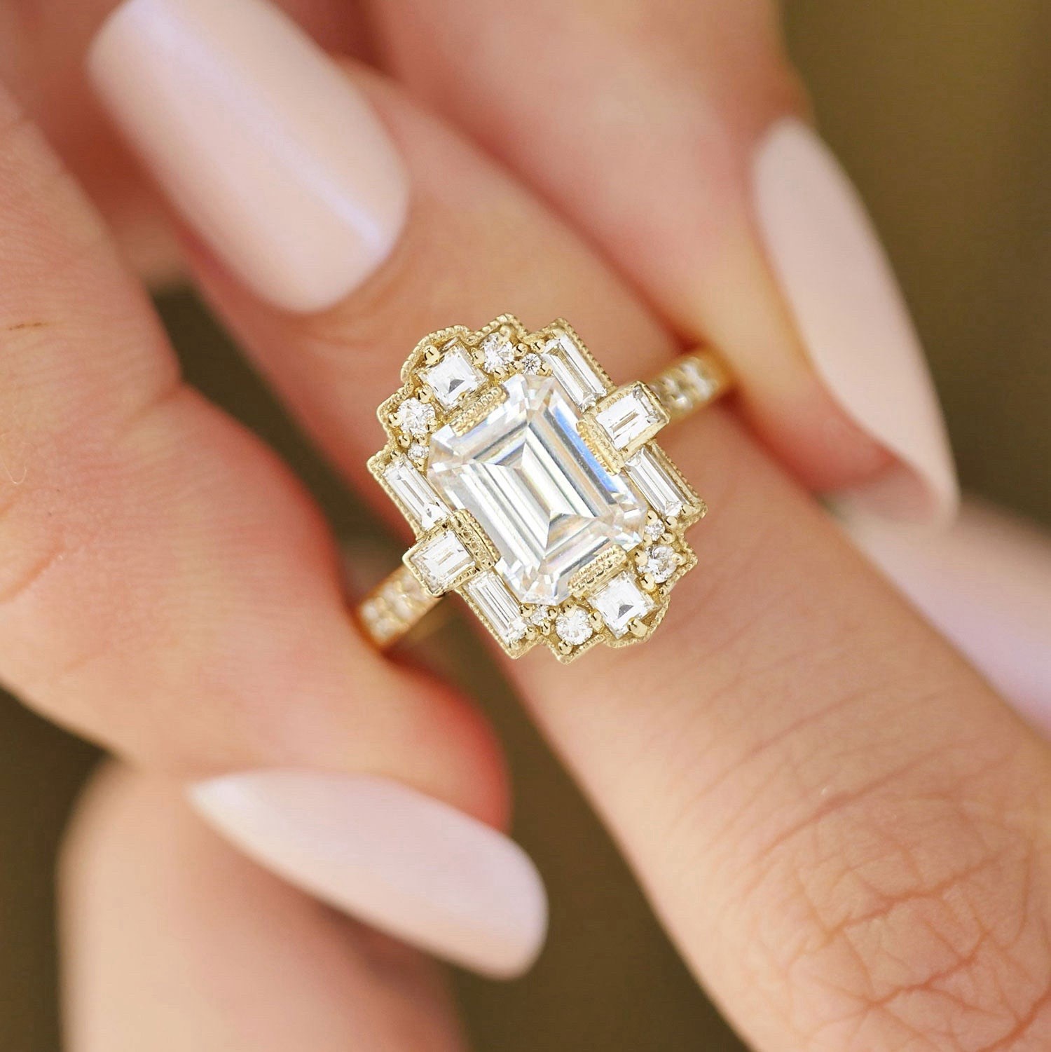 Deco Forever One DEF 1.50 Ct Emerald Cut Moissanite Wedding Mosaic Ring