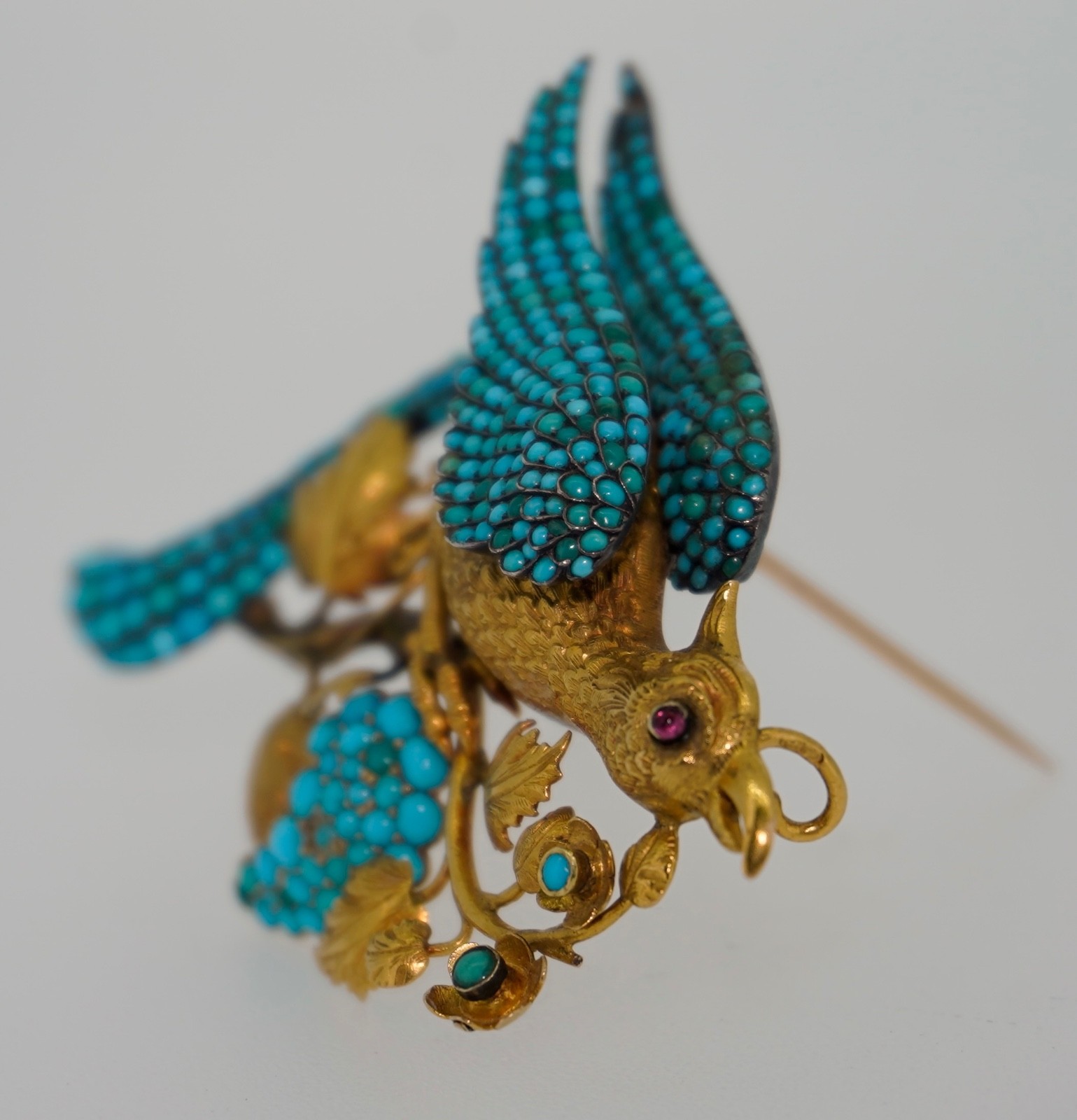 Antique 18K Pave Turquoise & Ruby French Bird Brooch