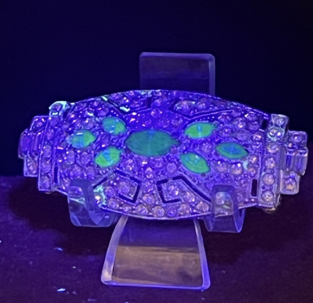Art Deco Blue Uranium Glow Clear Paste Brooch w/ Baguette & Pavé Rhinestones 2”