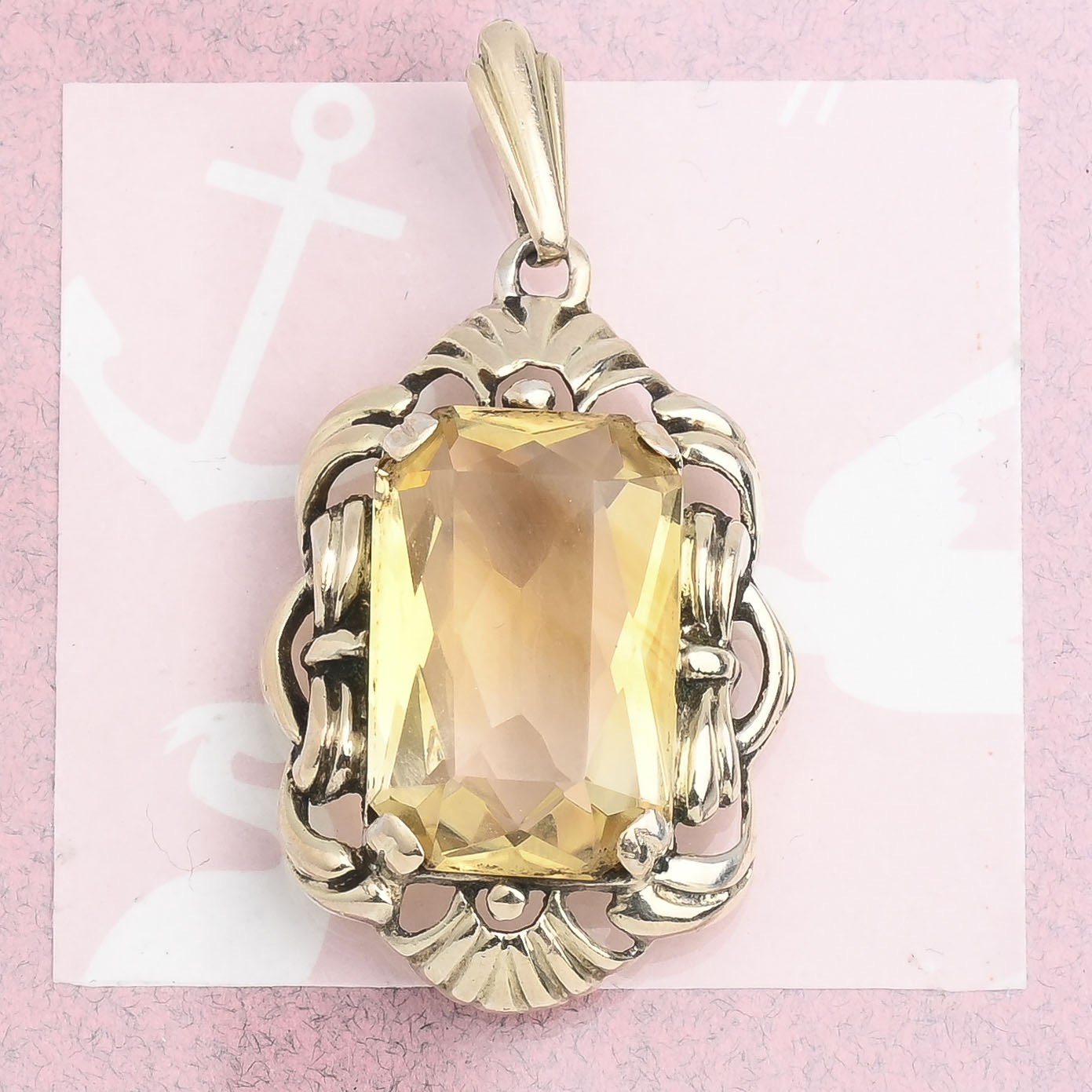 Vintage 1940s Emerald Cut Natural Citrine 835 Silver Signed Pendant