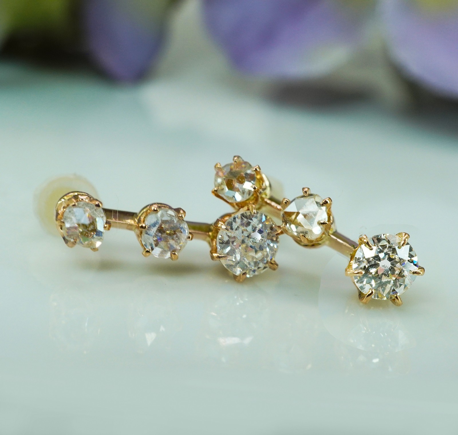 Victorian Old European Rose cut Diamond Drop Stud Earrings 18K Gold Antique