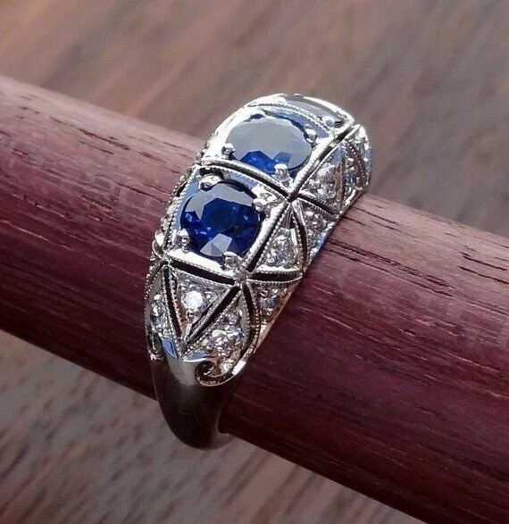 Art Deco Style 3Ct Round Lab Created Sapphire Engagement 14K White Gold FN Ring