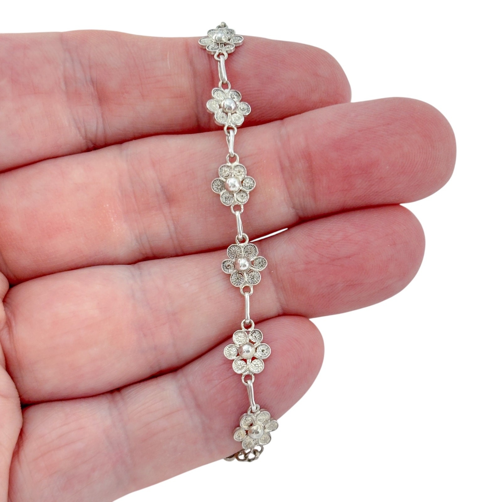 Vintage Sterling Silver 925 Flower Bracelet 7.5″